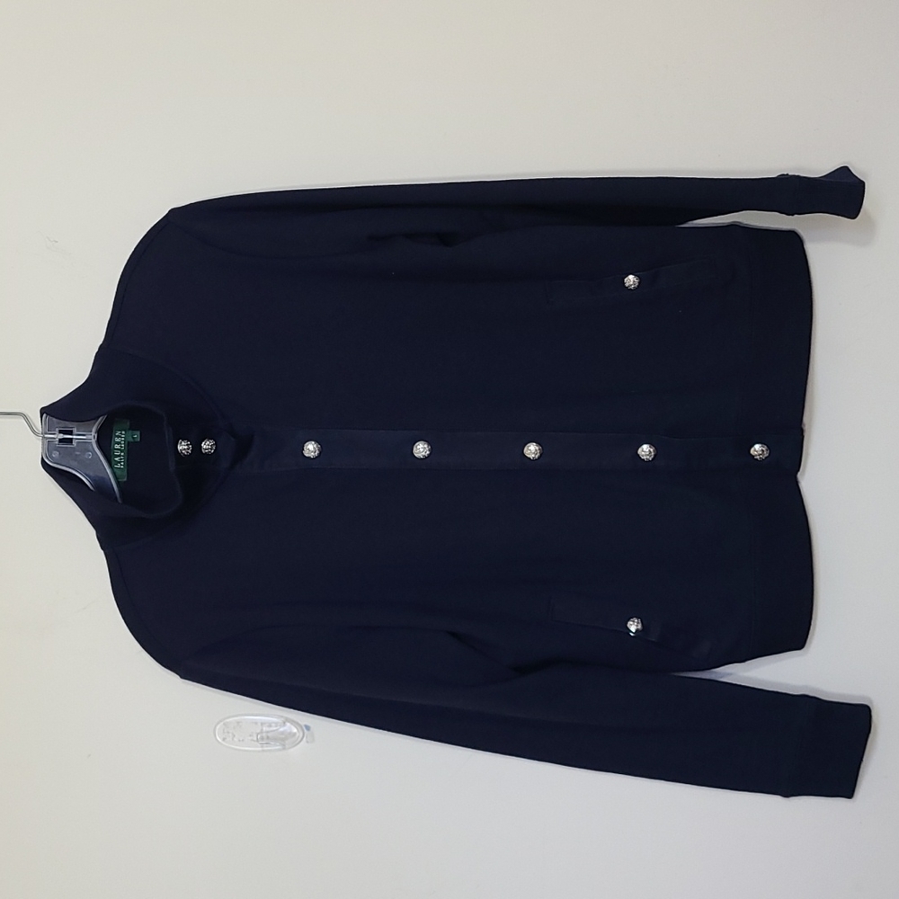 Lauren Ralph Lauren Blue Button Down Mockneck Sweater Jacket Size L